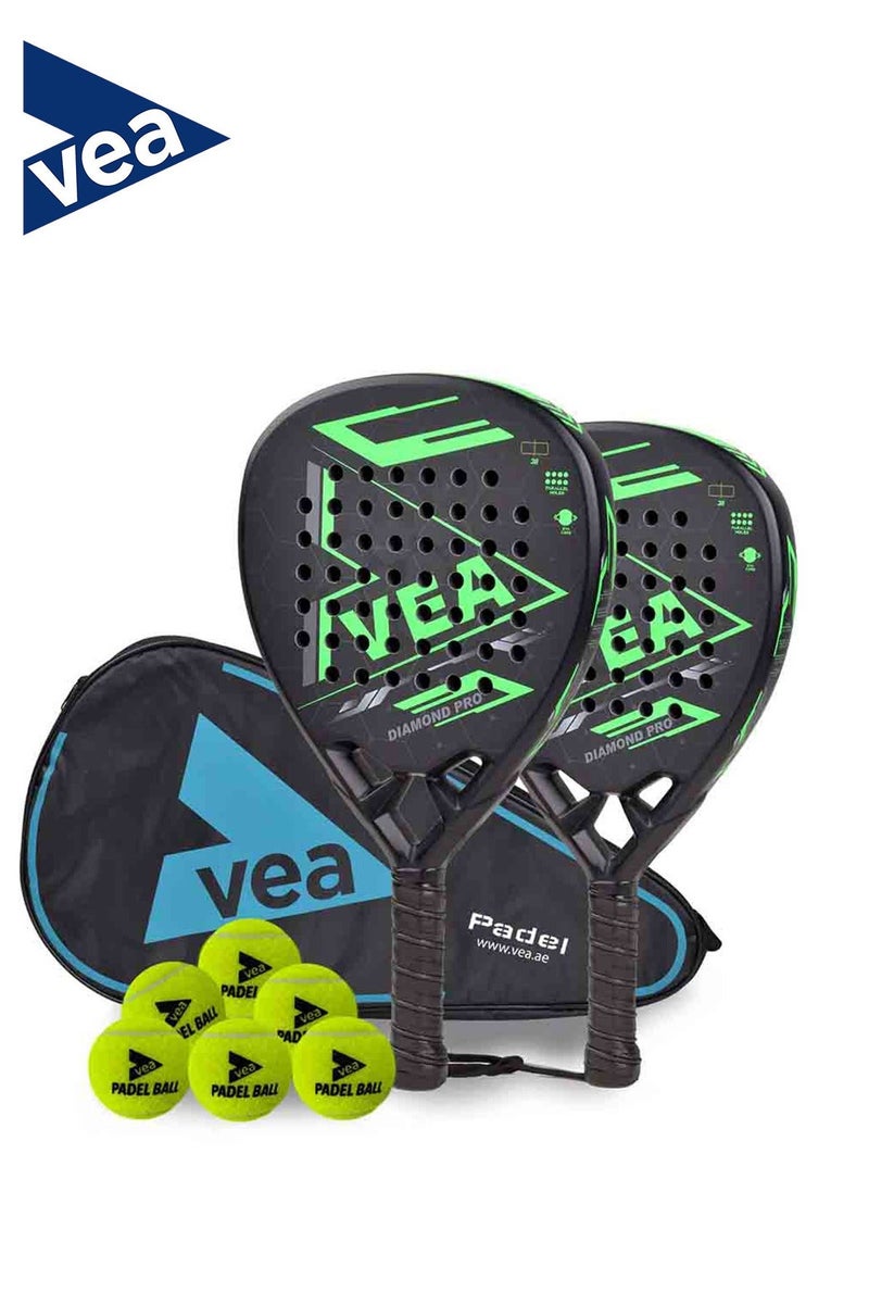في اي ايه VEA Diamond Pro Padel Rackets (2-Pack) with 2 Tubes of Balls – Carbon Fiber Racquets, EVA Core, 6 Balls – Professional Padel Set for Doubles - Image 1